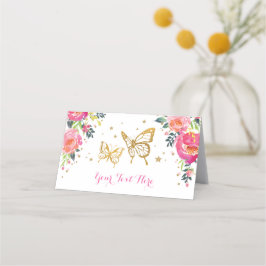 Tarjeta De Asiento Hermoso Mariposa Dorada Rosada Acuarela Floral