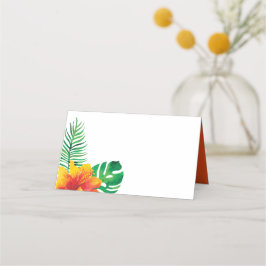 Tarjeta De Asiento Hibiscus naranja y hojas tropicales