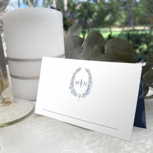Tarjeta De Asiento Hojas ovaladas monograma boda blanco azul