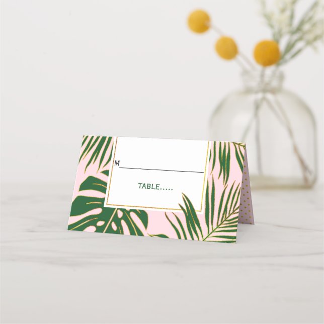 Tarjeta De Asiento Hojas verdes tropicales boda rosa acompañamiento p (Anverso)