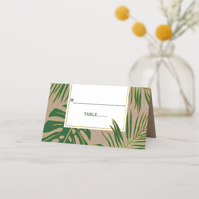 Tarjeta De Asiento Hojas verdes tropicales boda rústico escolta plega (Anverso)