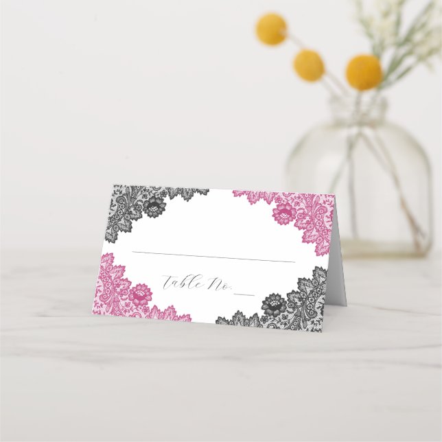 Tarjeta De Asiento Hot Pink and Black Floral Lace Wedding (Anverso)