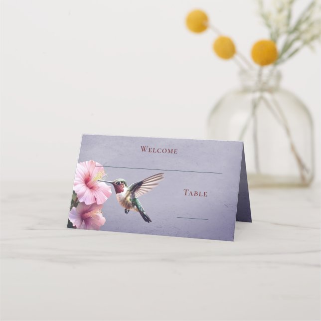Tarjeta De Asiento Hummingbird e Hibiscus | Recepción púrpura (Anverso)