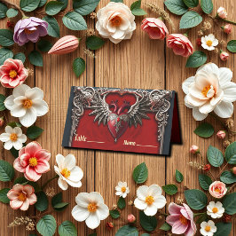 Tarjeta De Asiento Icono gótico romántico: corazón, rosa, cráneo.