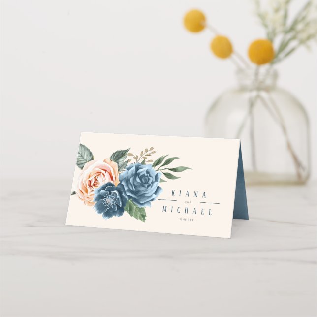 Tarjeta De Asiento ID de tabla de Boda azul/de rosas (Reverso)