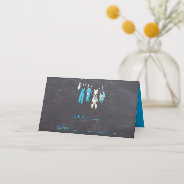 Tarjeta De Asiento Ilustracion Cute Blue Chalkboard Baby Shower (Anverso)