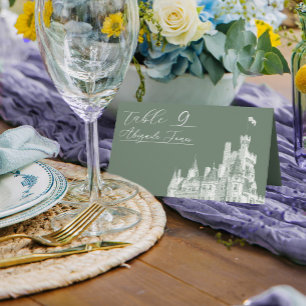 Tarjeta De Asiento Ilustración de Castillo Vintage Verde Salvia Boda