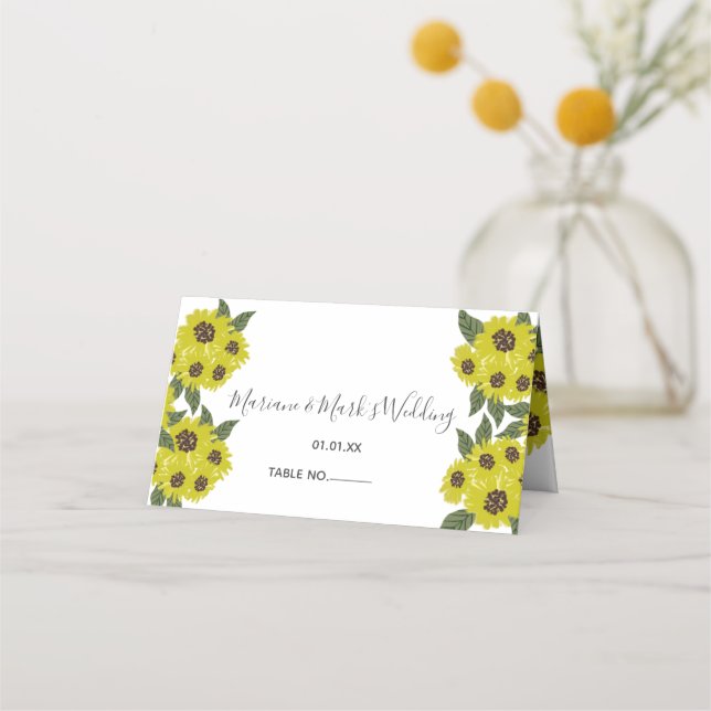 Tarjeta De Asiento Ilustracion de girasol Boda botánico Amarillo (Anverso)