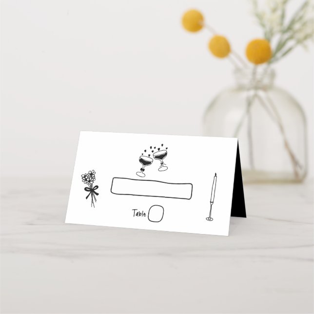 Tarjeta De Asiento Ilustraciones de mano negra dibujados Boda (Anverso)
