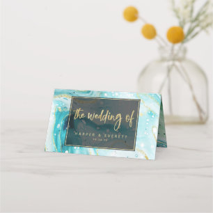 Tarjeta De Asiento Inky Splash Verde azulado Marble Gold Boda Número
