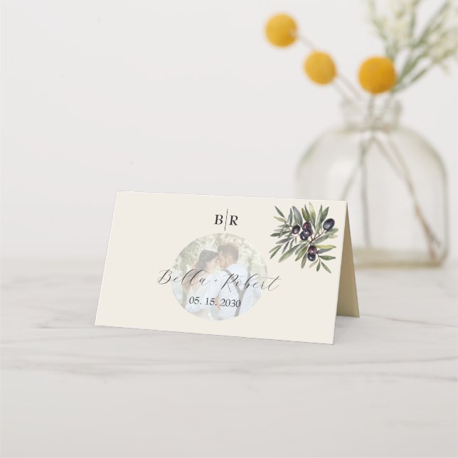 Tarjeta De Asiento Ivory Olive Photo Wedding (Reverso)
