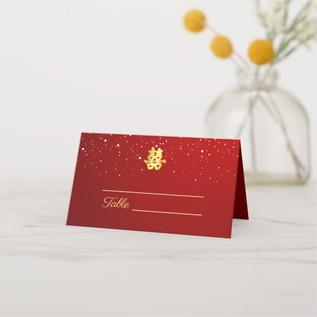 Tarjeta De Asiento La doble felicidad de copos de nieve del boda rojo (Anverso)
