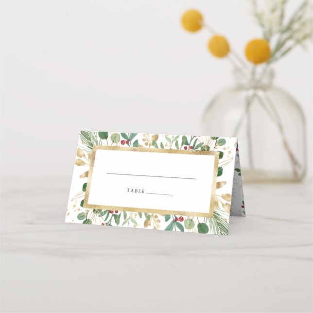 Tarjeta De Asiento La vegetación dorada en blanco | Boda de Navidades (Anverso)