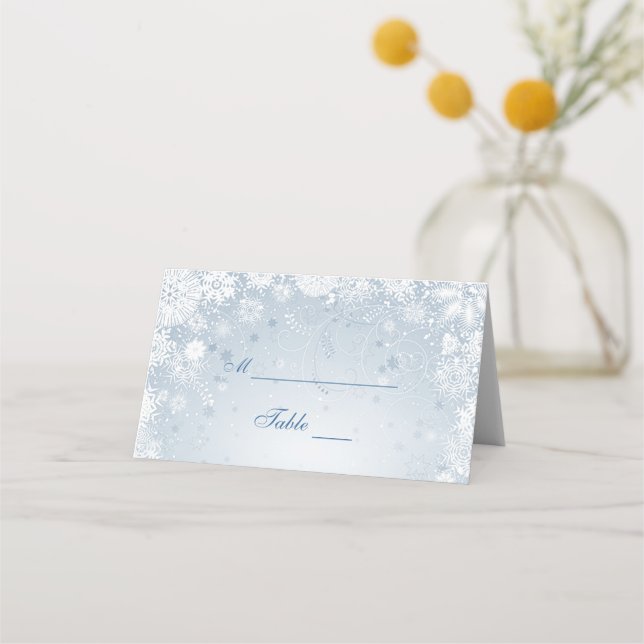 Tarjeta De Asiento Lacy White Snflakes sobre el azul plateado (Anverso)