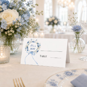 Tarjeta De Asiento Lazo de corona floral azul para Baby Shower de niñ