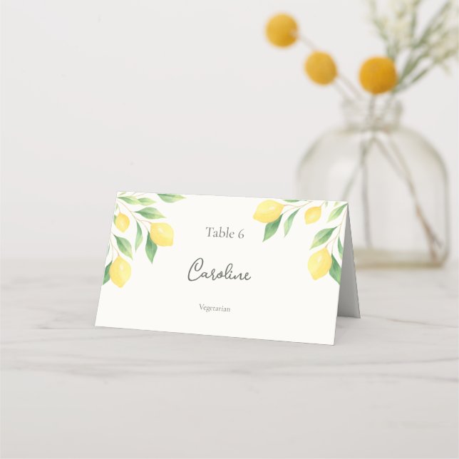 Tarjeta De Asiento Lemon Citrus Greenery Wedding Place Card with Meal (Anverso)