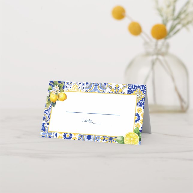 Tarjeta De Asiento Lemon Positano Blue Tiles Boda Mediterráneo (Anverso)