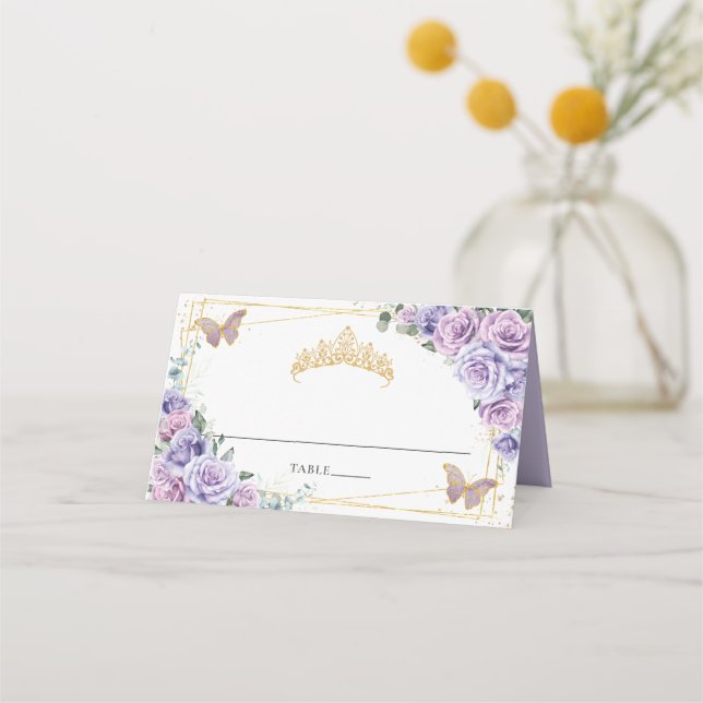 Tarjeta De Asiento Lila Floral Mariposas Quinceañera XV 16 (Anverso)
