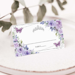 Tarjeta De Asiento Lila Púrpura Floral Plata Quinceañera Cumpleaños 1