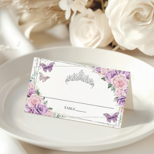 Tarjeta De Asiento Lila Púrpura Rosa Floral Mariposas Quinceañera