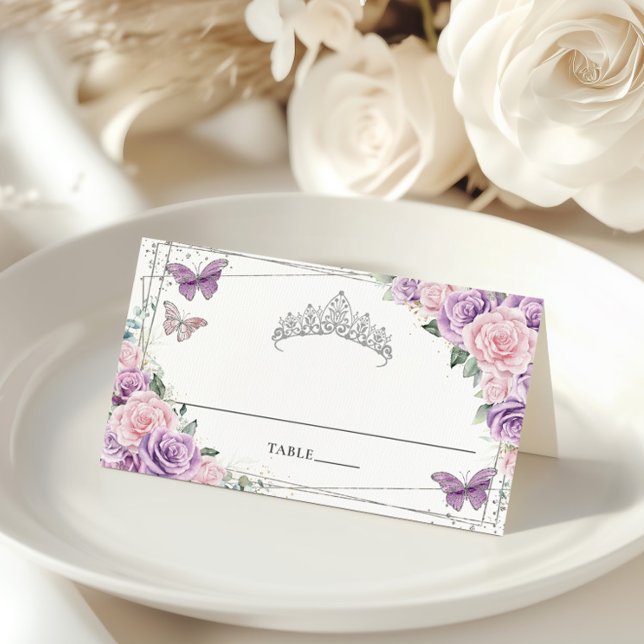 Tarjeta De Asiento Lila Púrpura Rosa Floral Mariposas Quinceañera (Subido por el creador)