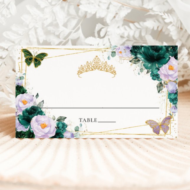 Tarjeta De Asiento Lila Púrpura Verde Esmeralda Floral Quinceañera 16 (Subido por el creador)