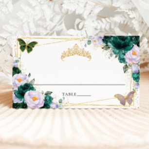 Tarjeta De Asiento Lila Púrpura Verde Esmeralda Quinceañera 16º Flora