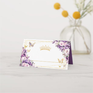 Tarjeta De Asiento Lilac Morado Floral Mariposas Quinceañera Oro