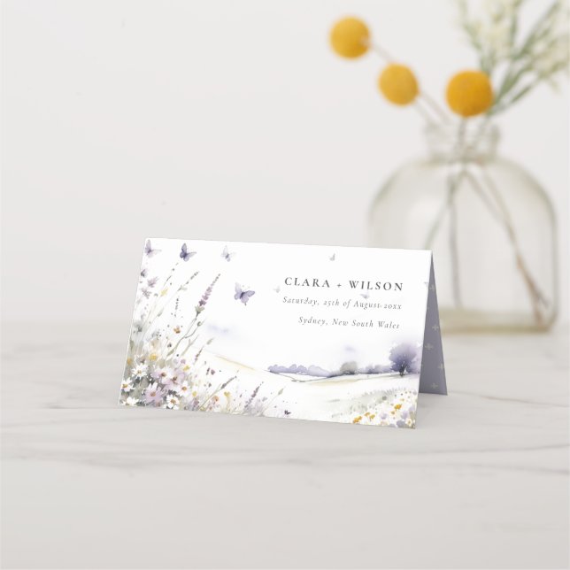 Tarjeta De Asiento Lilac Wildflower Field Butterfly Landscape Boda (Anverso)