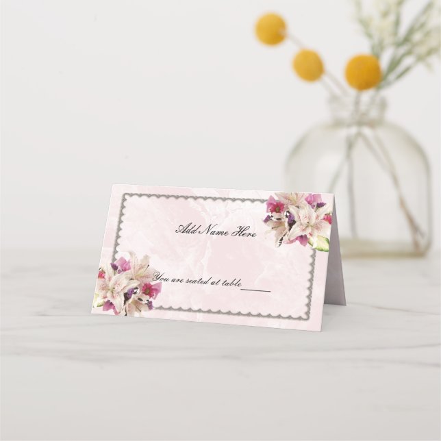 Tarjeta De Asiento Lily Floral Boda de Mármol Rosa Tabla doblada (Anverso)