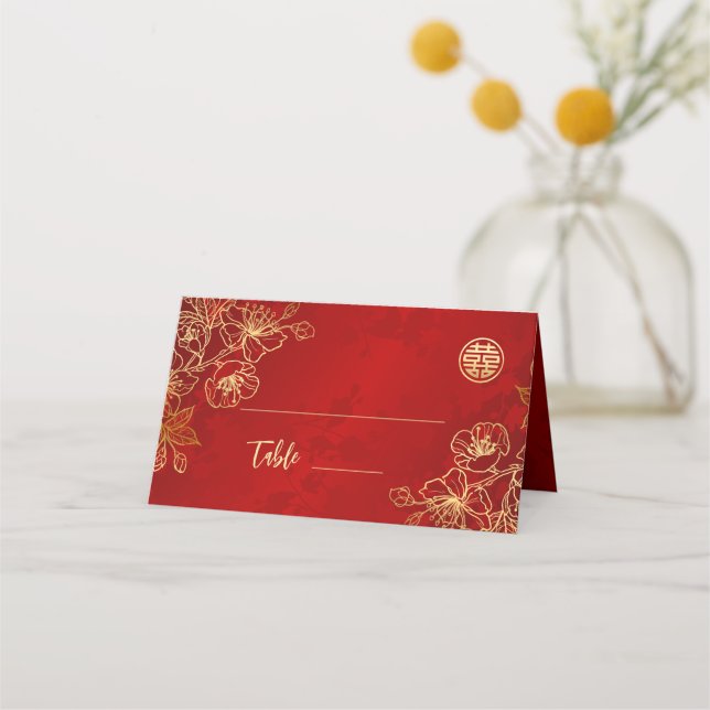 Tarjeta De Asiento Línea floral Art Red Gold | Boda chino (Anverso)