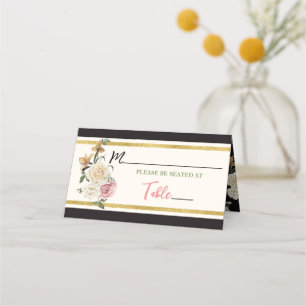 Tarjeta De Asiento Lluvia de regalos nupciales Floral Negro, Marfil y