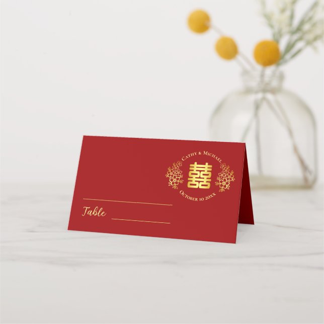 Tarjeta De Asiento Logo floral chino boda doble felicidad roja (Anverso)