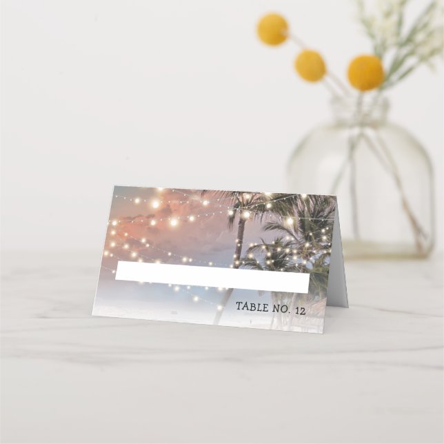 Tarjeta De Asiento Luces de Bodas en Playa Tropical (Anverso)