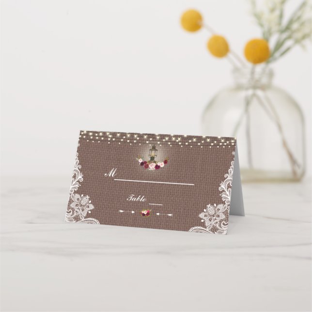 Tarjeta De Asiento Luces de cadena rusas Lace Burlap Número de tabla (Reverso)