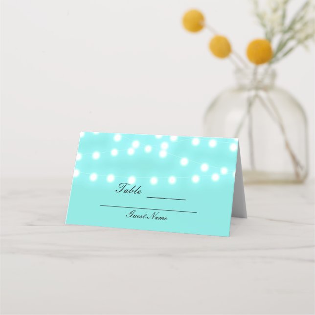 Tarjeta De Asiento Luces de Cuerda Azul Turquesa Elegantes Mesa (Reverso)
