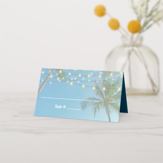 Tarjeta De Asiento Luces de cuerda de palmeras Tropical Beach Wedding (Anverso)