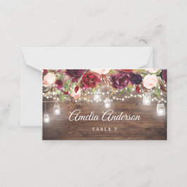 Tarjeta De Asiento Luces de Cuerda Florales de Borgoña Rústicas para