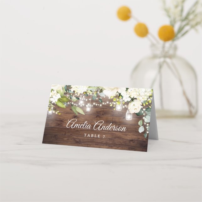 Tarjeta De Asiento Luces de Cuerda Florales Rústicas para Bodas (Anverso)