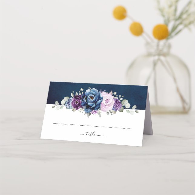 Tarjeta De Asiento Lugar Boda Dusty Blue Purple Navy Lilac Blooms (Anverso)