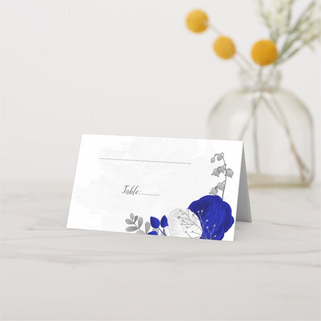 Tarjeta De Asiento lugar de boda botánico real azul y blanco plateado (Anverso)