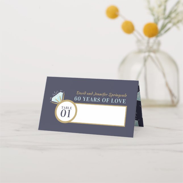 Tarjeta De Asiento Lugar de mesa azul para el 60 aniversario del boda (Anverso)