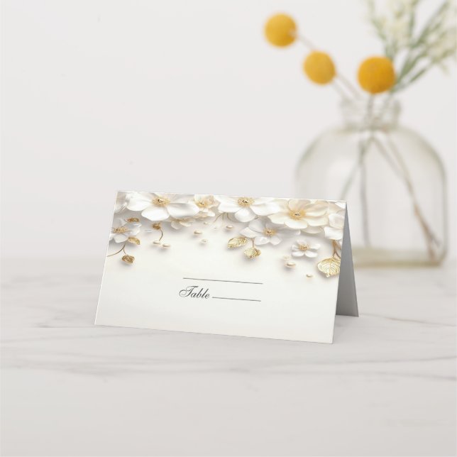 Tarjeta De Asiento Marfil White Floral Gold Leaves Place Card (Anverso)