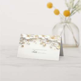 Tarjeta De Asiento Marfil White Floral Gold Leaves Place Card