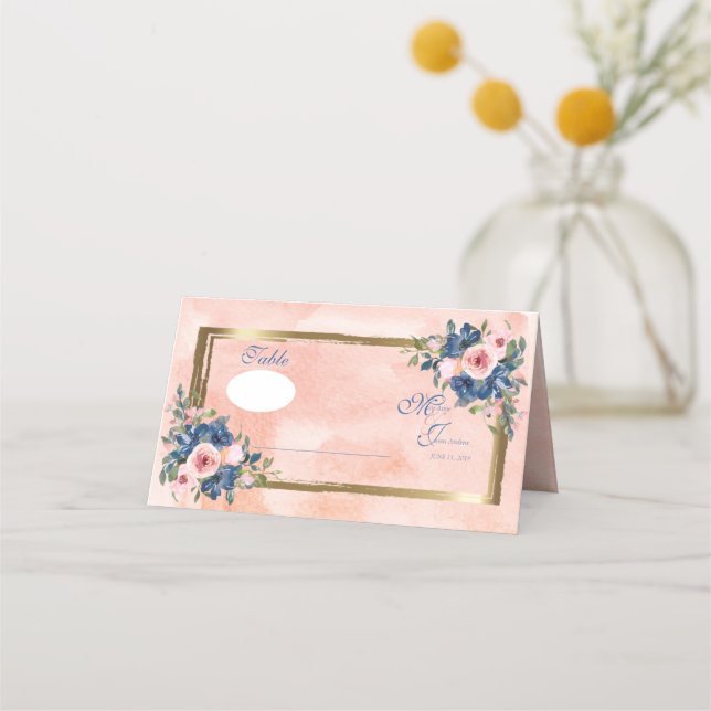 Tarjeta De Asiento Marina acuarela y Boda Rubor (Anverso)