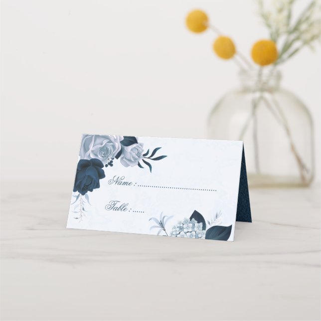 Tarjeta De Asiento Marina romántica y flores azules polvorientas (Anverso)