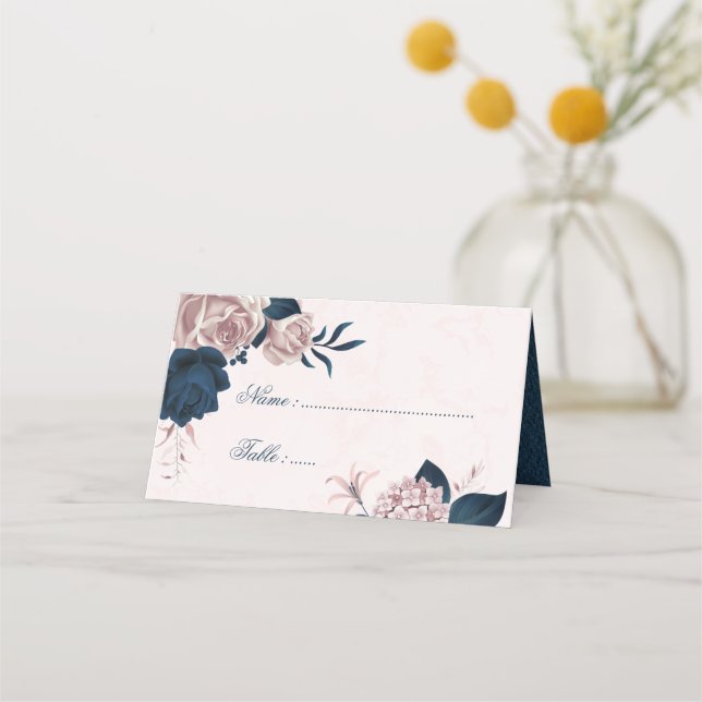 Tarjeta De Asiento Marina romántica y flores polvorientas de rosa (Anverso)