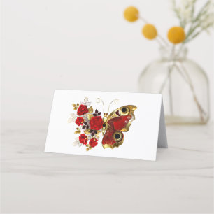 Tarjeta De Asiento Mariposa de flor roja con rosas rojas