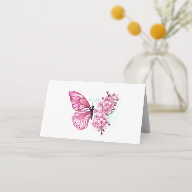 Tarjeta De Asiento Mariposa de flores con Sakura rosa (Anverso)