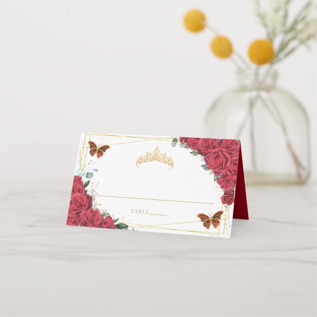 Tarjeta De Asiento Mariposa de Roses Rojos Quinceañera dulce 16 cumpl (Anverso)